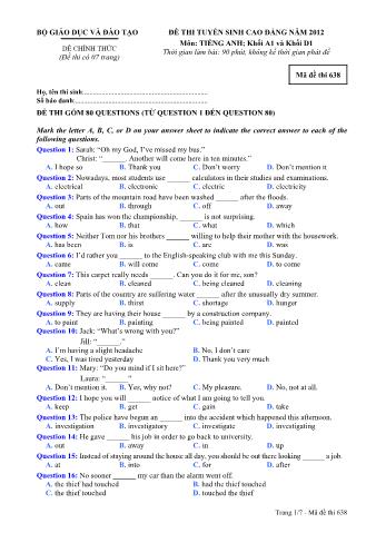 Đề thi tuyển sinh Cao đẳng môn Tiếng Anh - Khối A1, D1 - Mã đề: 638 - Năm học 2012 (Có đáp án)
