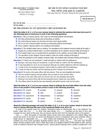 Đề thi tuyển sinh Cao đẳng môn Tiếng Anh - Khối A1, D1 - Mã đề: 647 - Năm học 2013 (Có đáp án)