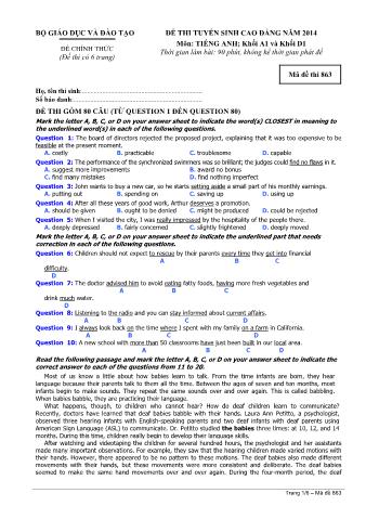 Đề thi tuyển sinh Cao đẳng môn Tiếng Anh - Khối A1, D1 - Mã đề: 863 - Năm học 2014 (Có đáp án)
