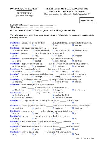 Đề thi tuyển sinh Cao đẳng môn Tiếng Anh - Khối A1, D1 - Mã đề: 869 - Năm học 2012 (Có đáp án)