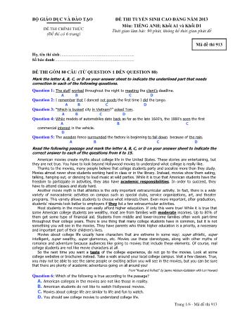 Đề thi tuyển sinh Cao đẳng môn Tiếng Anh - Khối A1, D1 - Mã đề: 913 - Năm học 2013 (Có đáp án)