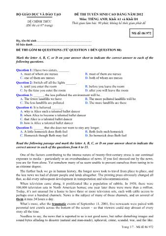 Đề thi tuyển sinh Cao đẳng môn Tiếng Anh - Khối A1, D1 - Mã đề: 972 - Năm học 2012 (Có đáp án)