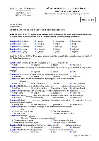 Đề thi tuyển sinh Cao đẳng môn Tiếng Anh - Khối D - Mã đề: 258 - Năm học 2011 (Có đáp án)