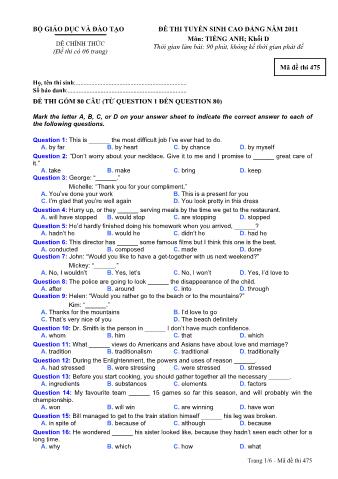Đề thi tuyển sinh Cao đẳng môn Tiếng Anh - Khối D - Mã đề: 475 - Năm học 2011 (Có đáp án)