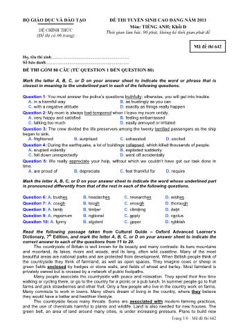 Đề thi tuyển sinh Cao đẳng môn Tiếng Anh - Khối D - Mã đề: 642 - Năm học 2011 (Có đáp án)