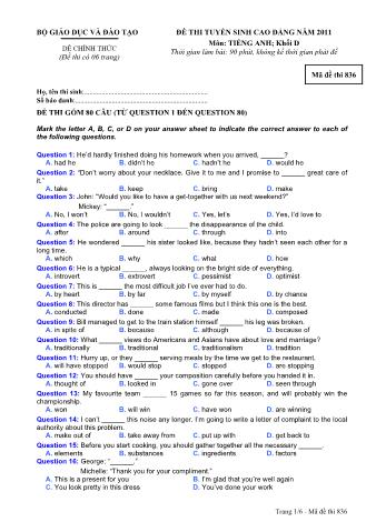 Đề thi tuyển sinh Cao đẳng môn Tiếng Anh - Khối D - Mã đề: 836 - Năm học 2011 (Có đáp án)