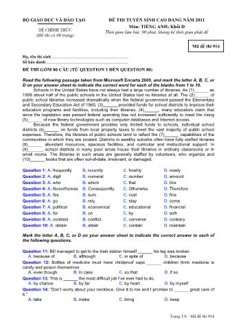 Đề thi tuyển sinh Cao đẳng môn Tiếng Anh - Khối D - Mã đề: 914 - Năm học 2011 (Có đáp án)