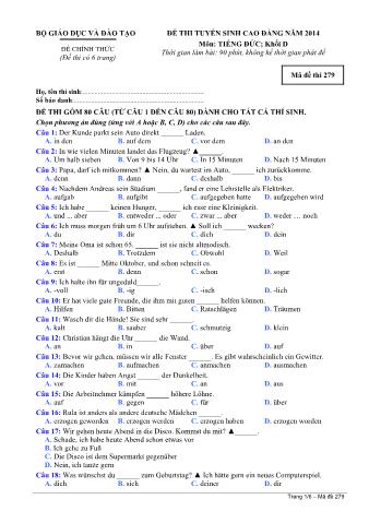 Đề thi tuyển sinh Cao đẳng môn Tiếng Đức - Khối D - Mã đề: 279 - Năm học 2014 (Có đáp án)