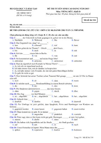 Đề thi tuyển sinh Cao đẳng môn Tiếng Đức - Khối D - Mã đề: 318 - Năm học 2013 (Có đáp án)