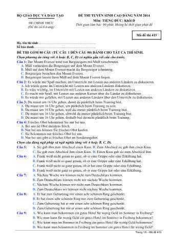 Đề thi tuyển sinh Cao đẳng môn Tiếng Đức - Khối D - Mã đề: 415 - Năm học 2014 (Có đáp án)