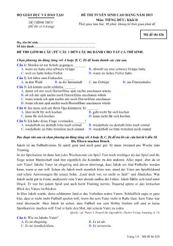 Đề thi tuyển sinh Cao đẳng môn Tiếng Đức - Khối D - Mã đề: 426 - Năm học 2013 (Có đáp án)