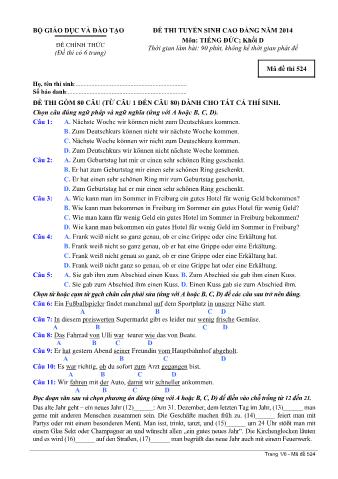 Đề thi tuyển sinh Cao đẳng môn Tiếng Đức - Khối D - Mã đề: 524 - Năm học 2014 (Có đáp án)