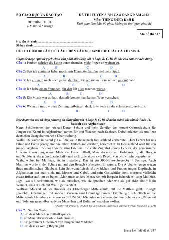 Đề thi tuyển sinh Cao đẳng môn Tiếng Đức - Khối D - Mã đề: 537 - Năm học 2013 (Có đáp án)