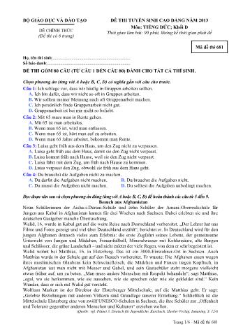 Đề thi tuyển sinh Cao đẳng môn Tiếng Đức - Khối D - Mã đề: 681 - Năm học 2013 (Có đáp án)