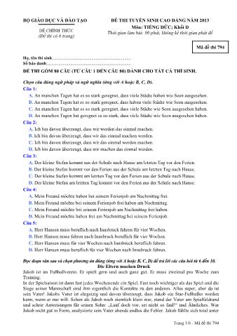 Đề thi tuyển sinh Cao đẳng môn Tiếng Đức - Khối D - Mã đề: 794 - Năm học 2013 (Có đáp án)