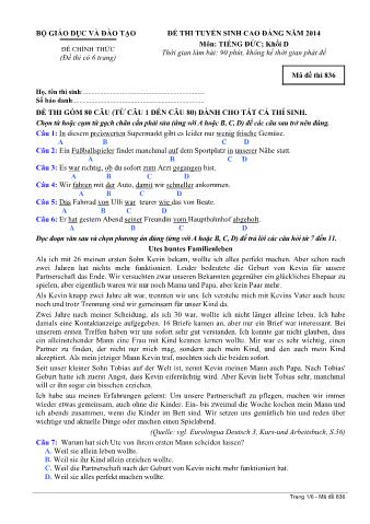 Đề thi tuyển sinh Cao đẳng môn Tiếng Đức - Khối D - Mã đề: 836 - Năm học 2014 (Có đáp án)