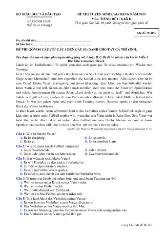 Đề thi tuyển sinh Cao đẳng môn Tiếng Đức - Khối D - Mã đề: 859 - Năm học 2013 (Có đáp án)