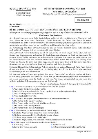Đề thi tuyển sinh Cao đẳng môn Tiếng Đức - Khối D - Mã đề: 958 - Năm học 2014 (Có đáp án)