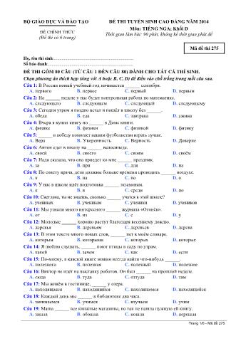 Đề thi tuyển sinh Cao đẳng môn Tiếng Nga - Khối D - Mã đề: 275 - Năm học 2014 (Có đáp án)