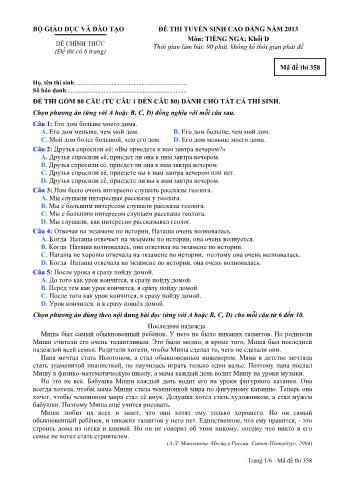 Đề thi tuyển sinh Cao đẳng môn Tiếng Nga - Khối D - Mã đề: 358 - Năm học 2013 (Có đáp án)