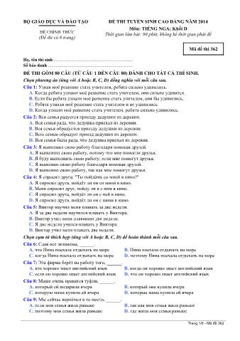 Đề thi tuyển sinh Cao đẳng môn Tiếng Nga - Khối D - Mã đề: 362 - Năm học 2014 (Có đáp án)
