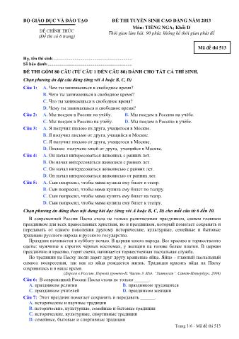 Đề thi tuyển sinh Cao đẳng môn Tiếng Nga - Khối D - Mã đề: 513 - Năm học 2013 (Có đáp án)