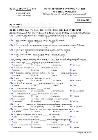 Đề thi tuyển sinh Cao đẳng môn Tiếng Nga - Khối D - Mã đề: 529 - Năm học 2014 (Có đáp án)