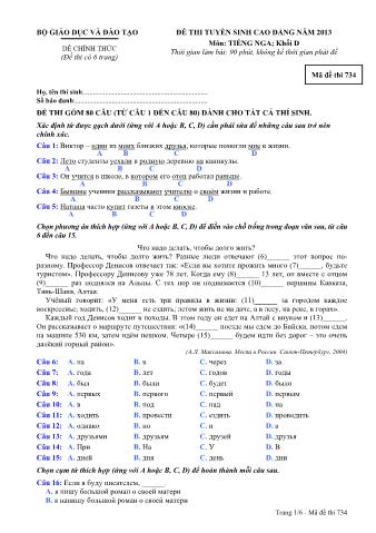 Đề thi tuyển sinh Cao đẳng môn Tiếng Nga - Khối D - Mã đề: 734 - Năm học 2013 (Có đáp án)