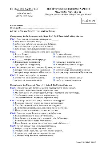 Đề thi tuyển sinh Cao đẳng môn Tiếng Nga - Khối D2 - Mã đề: 692 - Năm học 2012 (Có đáp án)