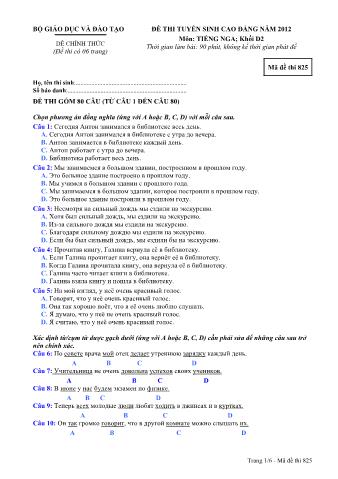 Đề thi tuyển sinh Cao đẳng môn Tiếng Nga - Khối D2 - Mã đề: 825 - Năm học 2012 (Có đáp án)