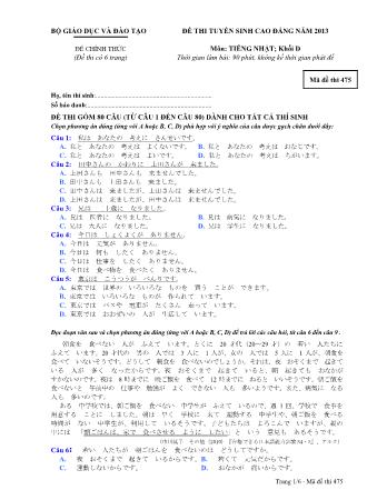 Đề thi tuyển sinh Cao đẳng môn Tiếng Nhật - Khối D - Mã đề: 475 - Năm học 2013 (Có đáp án)