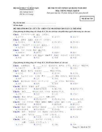 Đề thi tuyển sinh Cao đẳng môn Tiếng Nhật - Khối D - Mã đề: 729 - Năm học 2013 (Có đáp án)