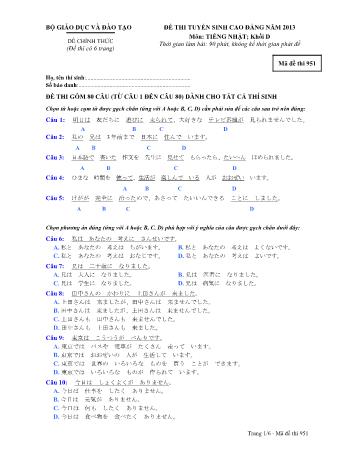Đề thi tuyển sinh Cao đẳng môn Tiếng Nhật - Khối D - Mã đề: 951 - Năm học 2013 (Có đáp án)