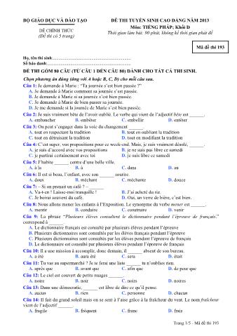 Đề thi tuyển sinh Cao đẳng môn Tiếng Pháp - Khối D - Mã đề: 193 - Năm học 2013 (Có đáp án)