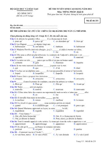 Đề thi tuyển sinh Cao đẳng môn Tiếng Pháp - Khối D - Mã đề: 251 - Năm học 2011 (Có đáp án)