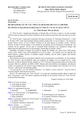 Đề thi tuyển sinh Cao đẳng môn Tiếng Pháp - Khối D - Mã đề: 286 - Năm học 2013 (Có đáp án)