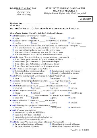 Đề thi tuyển sinh Cao đẳng môn Tiếng Pháp - Khối D - Mã đề: 293 - Năm học 2010 (Có đáp án)