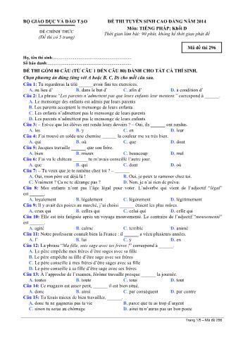 Đề thi tuyển sinh Cao đẳng môn Tiếng Pháp - Khối D - Mã đề: 296 - Năm học 2014 (Có đáp án)