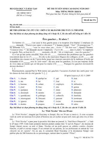 Đề thi tuyển sinh Cao đẳng môn Tiếng Pháp - Khối D - Mã đề: 374 - Năm học 2013 (Có đáp án)