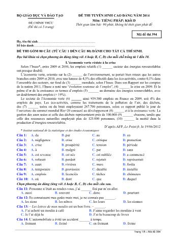 Đề thi tuyển sinh Cao đẳng môn Tiếng Pháp - Khối D - Mã đề: 394 - Năm học 2014 (Có đáp án)