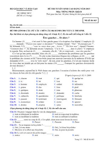 Đề thi tuyển sinh Cao đẳng môn Tiếng Pháp - Khối D - Mã đề: 463 - Năm học 2013 (Có đáp án)