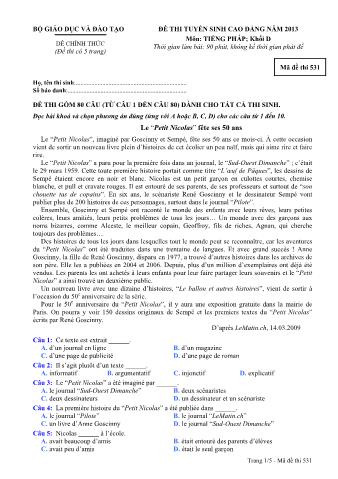 Đề thi tuyển sinh Cao đẳng môn Tiếng Pháp - Khối D - Mã đề: 531 - Năm học 2013 (Có đáp án)