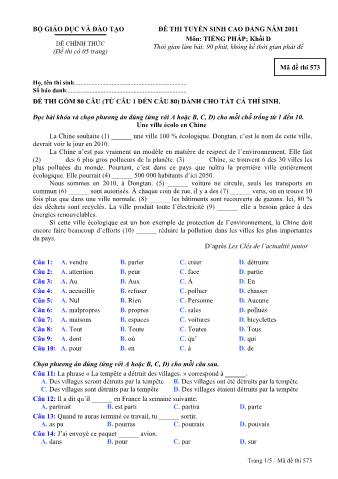 Đề thi tuyển sinh Cao đẳng môn Tiếng Pháp - Khối D - Mã đề: 573 - Năm học 2011 (Có đáp án)