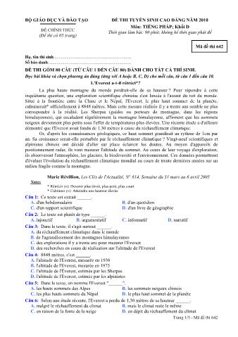 Đề thi tuyển sinh Cao đẳng môn Tiếng Pháp - Khối D - Mã đề: 642 - Năm học 2010 (Có đáp án)