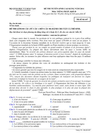 Đề thi tuyển sinh Cao đẳng môn Tiếng Pháp - Khối D - Mã đề: 647 - Năm học 2014 (Có đáp án)