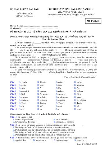 Đề thi tuyển sinh Cao đẳng môn Tiếng Pháp - Khối D - Mã đề: 682 - Năm học 2011 (Có đáp án)