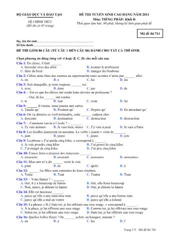 Đề thi tuyển sinh Cao đẳng môn Tiếng Pháp - Khối D - Mã đề: 741 - Năm học 2011 (Có đáp án)