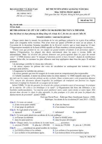 Đề thi tuyển sinh Cao đẳng môn Tiếng Pháp - Khối D - Mã đề: 752 - Năm học 2014 (Có đáp án)