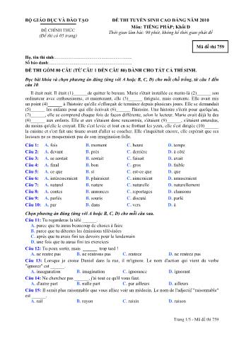 Đề thi tuyển sinh Cao đẳng môn Tiếng Pháp - Khối D - Mã đề: 759 - Năm học 2010 (Có đáp án)