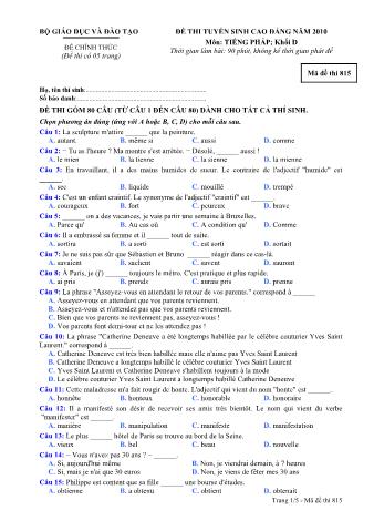 Đề thi tuyển sinh Cao đẳng môn Tiếng Pháp - Khối D - Mã đề: 815 - Năm học 2010 (Có đáp án)